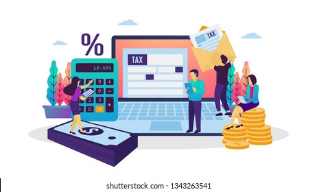 Vector illustration of online tax payment. People filling tax form using internet. Suitable for web banner, poster, ui, flyer, mobile app.