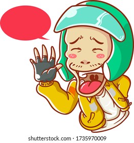 Vector illustration Online Taxi bike driver in motorcycle drive ojek hi hello hi5 high five happy helmet hand drawn cartoon coloring style