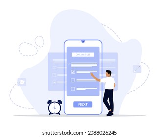 Ilustración vectorial, Concepto de pruebas en línea, Concepto de e-learning, examen en computadora, Adecuado para la página de inicio, ui, web, tarjeta de introducción de aplicaciones, editorial, volante y banner