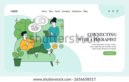 Vector illustration of an online therapy session with a man and a therapist on a video call. The man is sitting on a couch with a laptop, visually engaged, while the therapist takes notes.