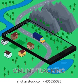 vector illustration. Online tracking of delivery on the screen of the mobile phone on the map. Truck. Isometric, infographics, 3D