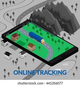vector illustration. Online tracking of delivery on the screen of the mobile phone on the map. Truck. Isometric, infographics, 3D