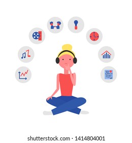 Vector Illustration of Online Training, Podcast. Girl is Sitting in Lotus Pose and Thinking to Choose the Topic of Podcast. Pod Cast Concept Illustration. Thought Process, Search for Ideas 