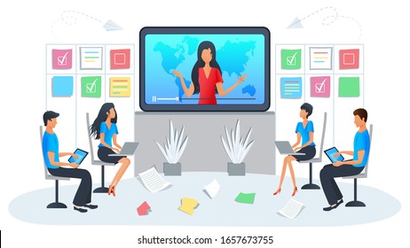 Vector illustration of online training, workshop, presentation, webinar. Business people at the video conference in a meeting room. Skill development in a digital classroom, workshop event