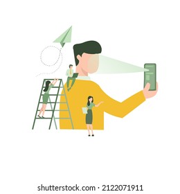 vector illustration of online transaction verfication with face recognition concept, man holds a phone in his hand and scans the application face, modern technology for business, flat styles.
