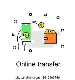 vector illustration of online transfer. mobile, coin and wallet icons