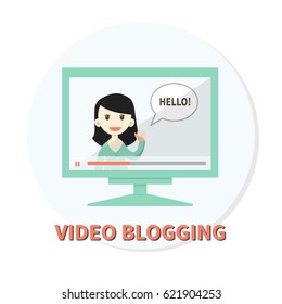Vector illustration of online video vlogger. Flat design. Woman with speech bubble on computer screen. Concept for videoblogging, modern media or online learning.
