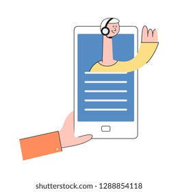 Vector illustration of online virtual assistant talking with client and helping him from mobile application on screen of telephone in hand of customer isolated on white background.
