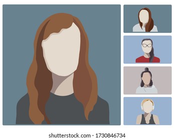 Vector illustration of online webinar with five different female characters. Main window with a speaker