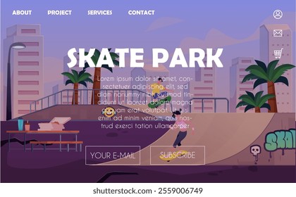 Vector illustration of an online website page with a city skate park. Online store. Advertising interface with a skateboarder, high-rise buildings and palm trees. Cartoon flat style.