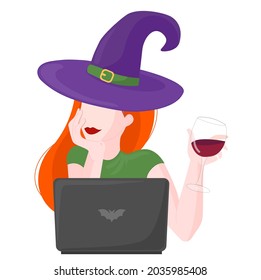 Vector illustration online witch with glass of wine. Halloween concept.