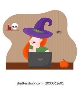 Vector illustration online witch with laptop. Halloween concept.