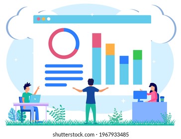 Vector illustration of online work meeting, entrepreneurs having online joint meetings, team thinking and brainstorming, company information analytics.