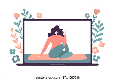 Vector illustration Online yoga. Woman practising yoga on the laptop screen. Video workout for women. Active lifestyle during self-isolation and quarantine period.