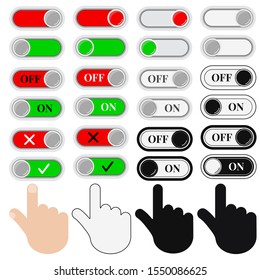 Vector illustration On/Off sliders and hands icon set isolated on white background. Flat, simple design colorful and monochrome black and white signs. Toggle switch.