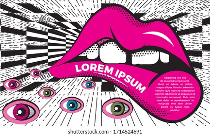 Vector illustration in op art and pop art style. An absurd abstraction with huge lips and eyes against a chess perspective. Concept for poster, banner or web site. With place for text.