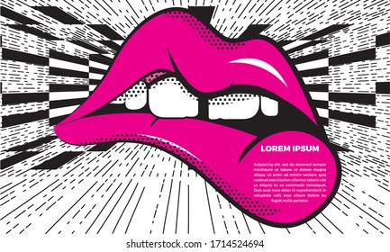 Vector illustration in op art and pop art style. An absurd abstraction with huge lips against a chess perspective. Concept for poster, banner or web site. With place for text.