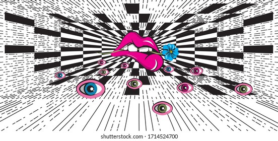 Vector illustration in op art and pop art style. An absurd abstraction with huge lips and eyes against a chess perspective. Concept for poster, banner or web site.