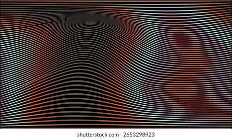 Ilustração vetorial em estilo op-art com linhas onduladas fluindo. O tema é ilusão e ritmo, apresentando gradientes de vermelho, laranja e azul sobre preto, formando formas abstratas e dinâmicas como ondas.