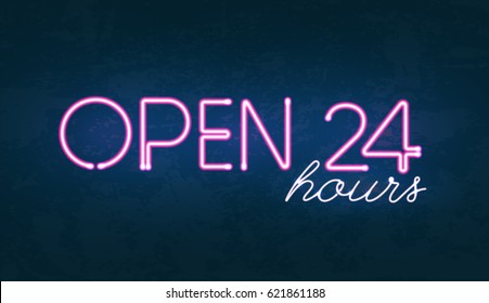 Vector illustration of Open 24 hours pink glowing neon light signboard on dark textured background