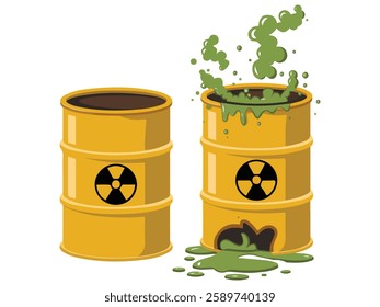 Vector Illustration of Open Acid Barrels with Toxic Green Liquid