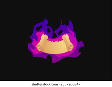 Vector illustration of an open ancient scroll burning with magical flame on isolated black background. Papyrus with a spell, potion recipe or magic treasure map. Graphic interface.