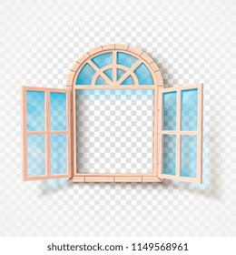 Vector illustration of an open arched wooden window with clear glass, isolated on a transparent background. Perfect for design projects related to architecture, home decor, and interior design.