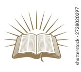 Vector illustration of an open Bible with radiant light rays, symbolizing faith, hope, and divine wisdom. Clean and clear design, ideal for Christian, religious, and spiritual-themed projects.