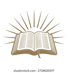 Ilustração vetorial de uma Bíblia aberta com raios de luz radiantes, simbolizando fé, esperança e sabedoria divina. Design limpo e claro, ideal para projetos cristãos, religiosos e com temática espiritual.