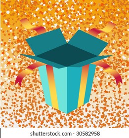 Vector Illustration of open birthday giftbox on the shiny background.