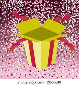 Vector Illustration of open birthday giftbox on the shiny background.