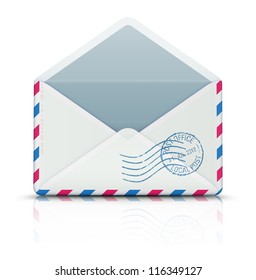 Vector illustration of open blank airmail envelope with rubber stamp