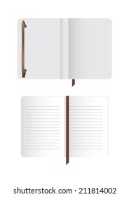 Vector illustration of an open blank notebook template with elastic band and bookmark