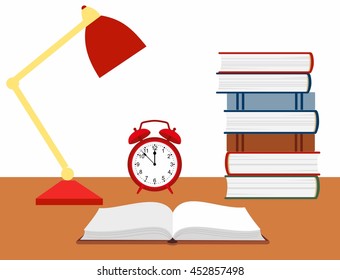 vector illustration of an open book, alarm clock and a reading lamp on the desk.