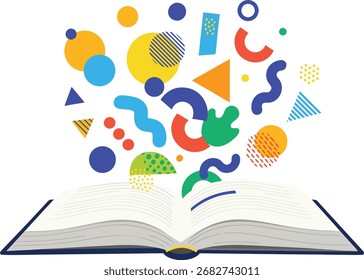 Uma ilustração vetorial de um livro aberto com páginas em branco, a partir do qual várias formas geométricas abstratas coloridas, círculos, triângulos e linhas onduladas estão flutuando para cima contra um fundo branco.
