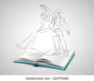 Vector illustration. Open book with a blue cover. Sketch doodle man and woman dancing ballroom in a ball gown turns in dance training. Wedding.  