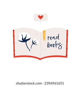 Vector illustration of an open book with bookmark and text READ BOOKS.