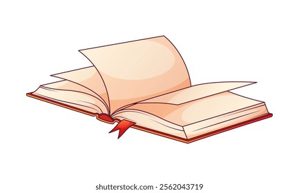 Vector illustration of open book with bookmark isolated on white background. Book lover, bookstore, library, cozy home concept.