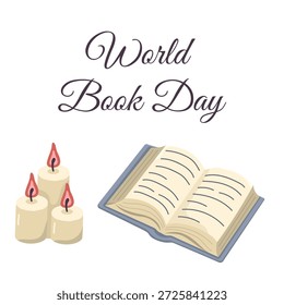 Ilustração vetorial de um livro aberto e velas. Cartão-postal colorido para o Dia Mundial do Livro. Imagem de ficção. Lendo canto.
