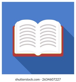 A vector illustration of an open book casting a long shadow on a blue background