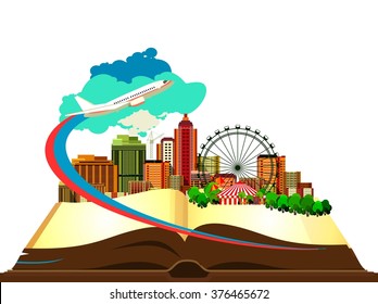 vector illustration open book city skyline skyscrapers and parks of entertainment, the book is our world, the world of knowledge travel and attractions of our land, everything is there in the book