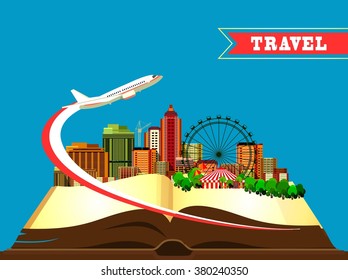 vector illustration open book city skyline skyscrapers and parks of entertainment, the book is our world, the world of knowledge travel and attractions of our land, everything is there in the book