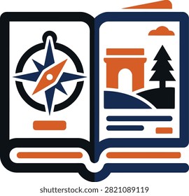 Vector illustration of open book with compass navigation and travel landscape scene