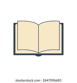 Ilustração vetorial de um livro aberto com páginas de cor creme e uma capa azul escura. Design simples e estilizado, ideal para conceitos de educação, leitura, literatura e aprendizagem