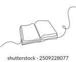 Vector illustration of an open book created in a continuous line drawing style. Captures the essence of education and literature in a minimalist hand-drawn design.