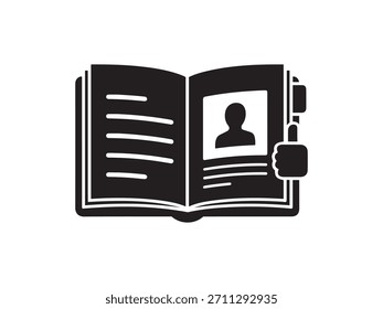 Ilustración vectorial de un libro abierto que muestra una Imagen de perfil de usuario y texto. Una mano da un pulgar hacia arriba, simbolizando la Aprobación, el Comentarios o la revisión positiva.