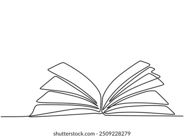 Vector illustration of an open book drawn in a continuous line style. Highlights education and literature with a minimalist hand-drawn design, isolated on white.
