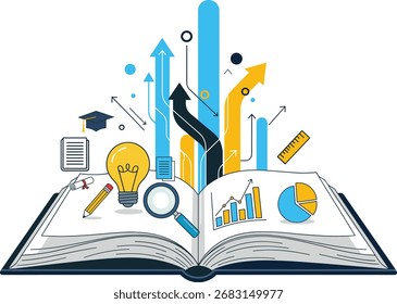 Vector illustration of an open book with elements like a lightbulb, magnifying glass, diploma, and graduation cap, combined with upward arrows and data charts, symbolizing education.