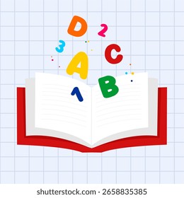 Ilustración vectorial de un libro abierto que emite letras y números, simbolizando el conocimiento y el aprendizaje creativo, estilo de diseño de arte plano.
