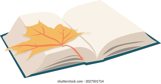 Vector illustration with an open book and a fallen yellow leaf. Autumn, Back to School, autumn time, season.
